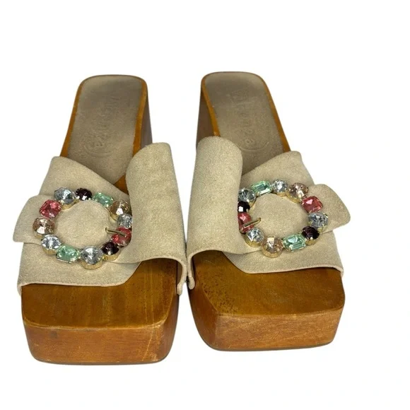 Vicenza Y2K 90s Fashion Wooden Mule Leather Embellished Buckle Heels Size 38 7 - Picture 2 of 10